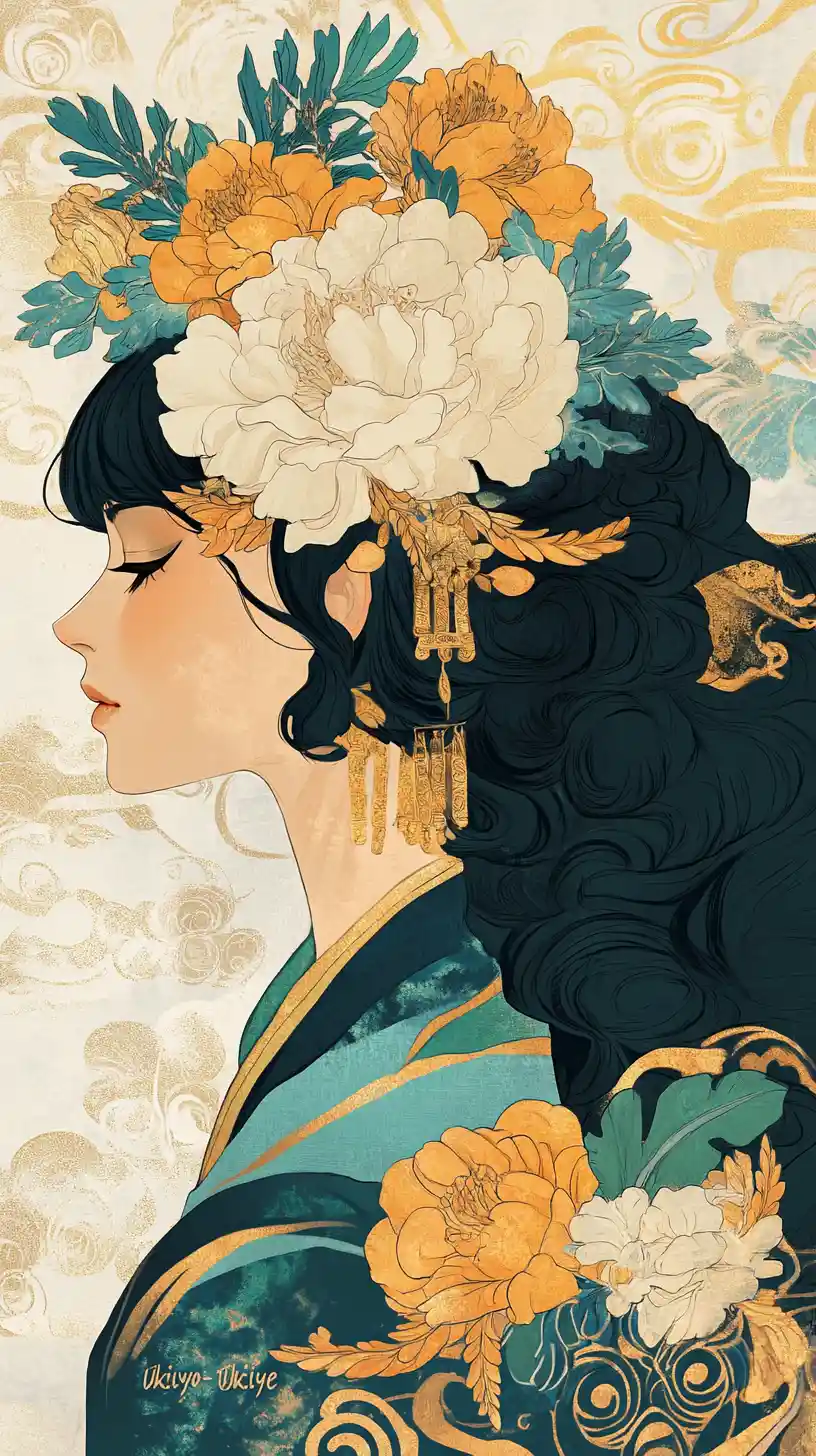 Regal empress profile with floral crown and flowing robes