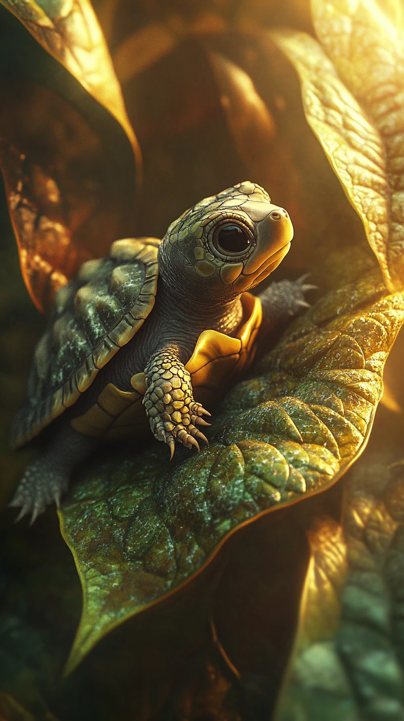 Minuscule bébé tortue reposant sur une feuille verte luxuriante