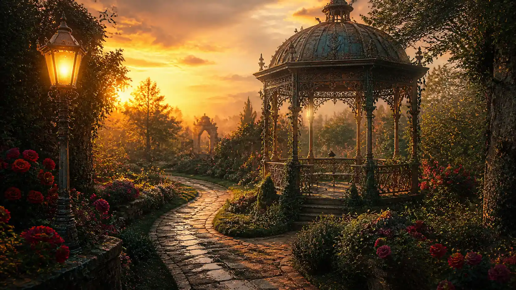 Antique gazebo in a lush garden at golden sunset