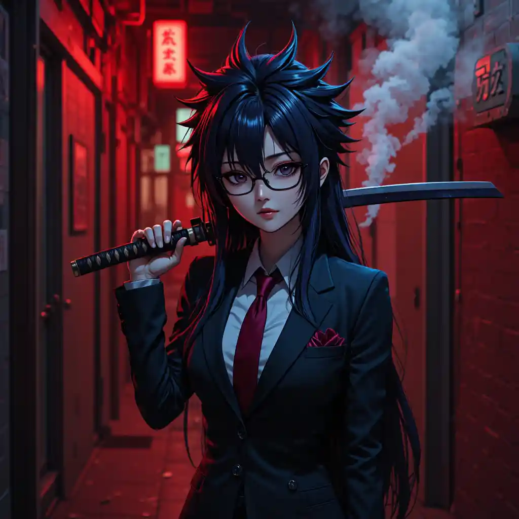 Anime mafia enforcer woman with katana in red lit alley