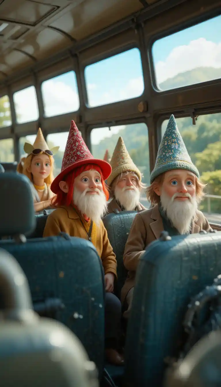 Cute clay characters riding a summer bus on highway