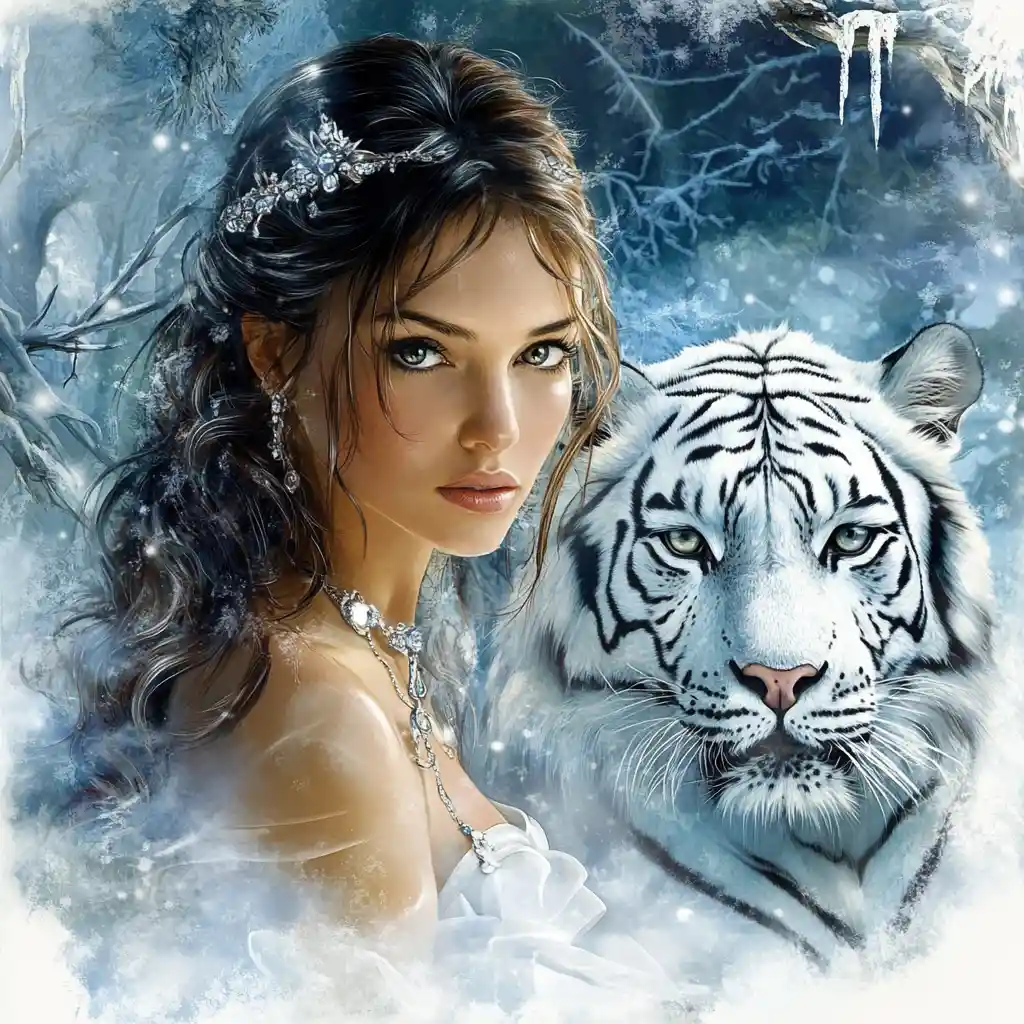 Fantasy woman with white tiger in snowy night landscape