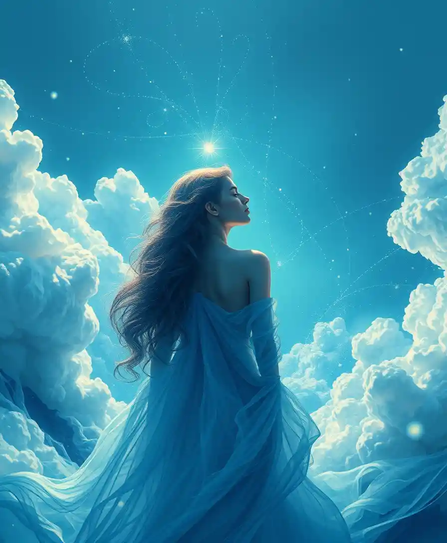 Graceful surreal figure drifting into a serene blue realm