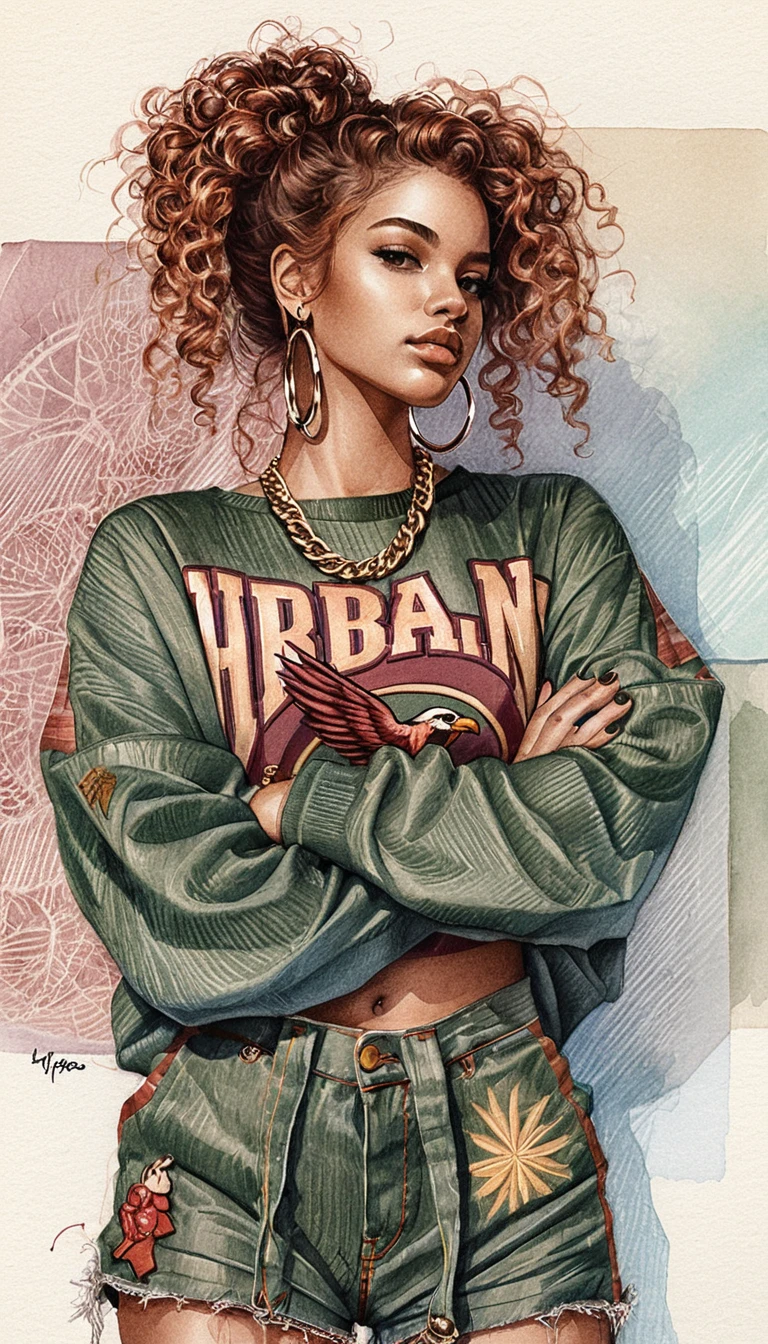 Confident woman in vintage streetwear fashion illustration