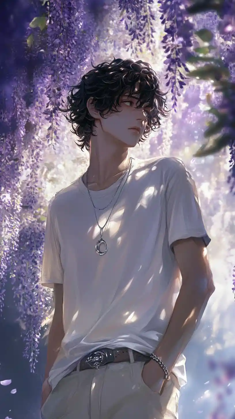 Anime man under cascading purple wisteria in soft light