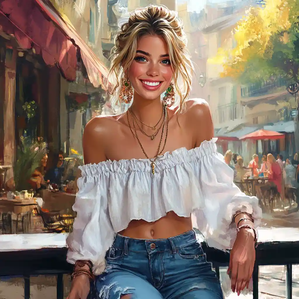 Smiling blonde girl in white blouse at city cafe
