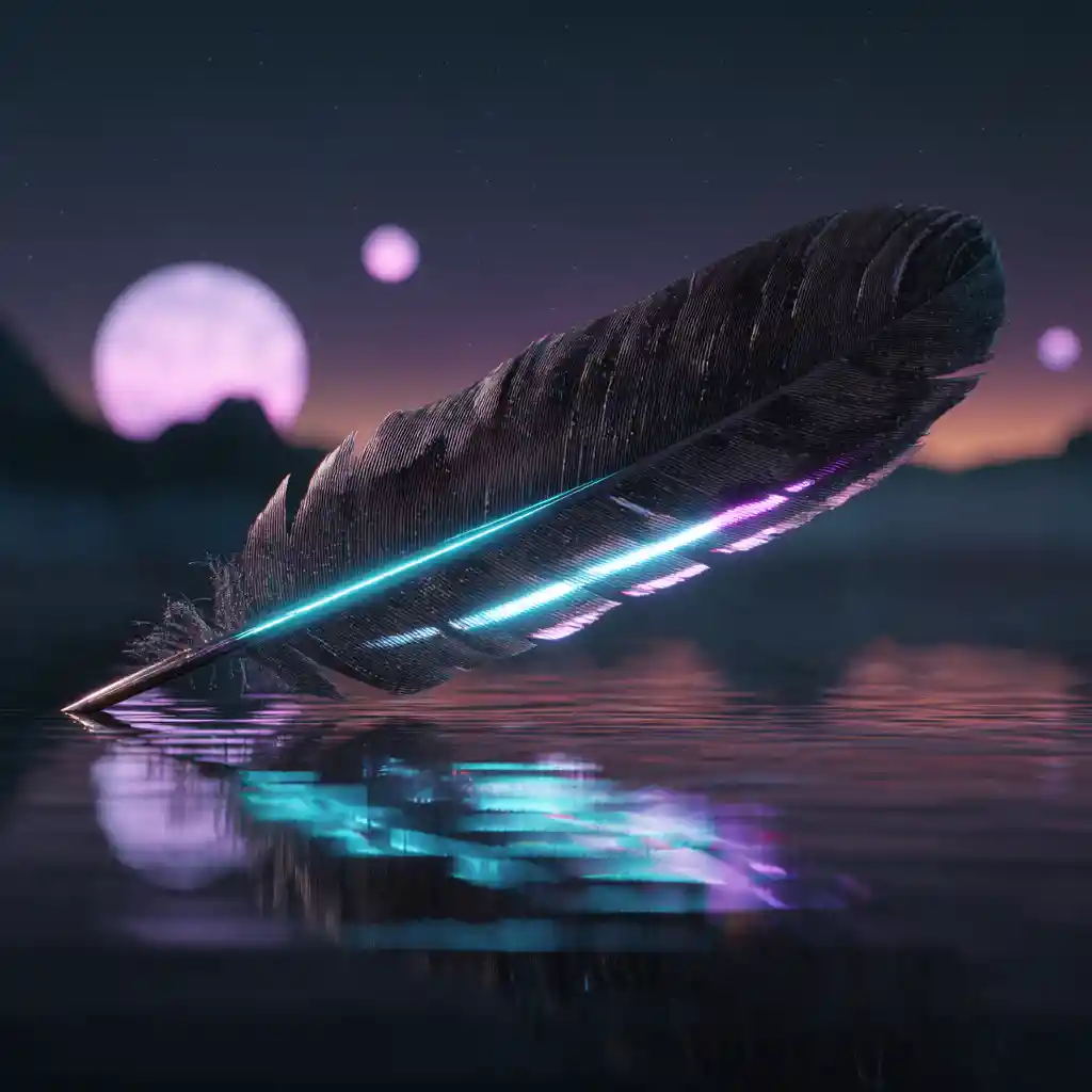Glowing Eagle Feather Above Dark Obsidian Lake