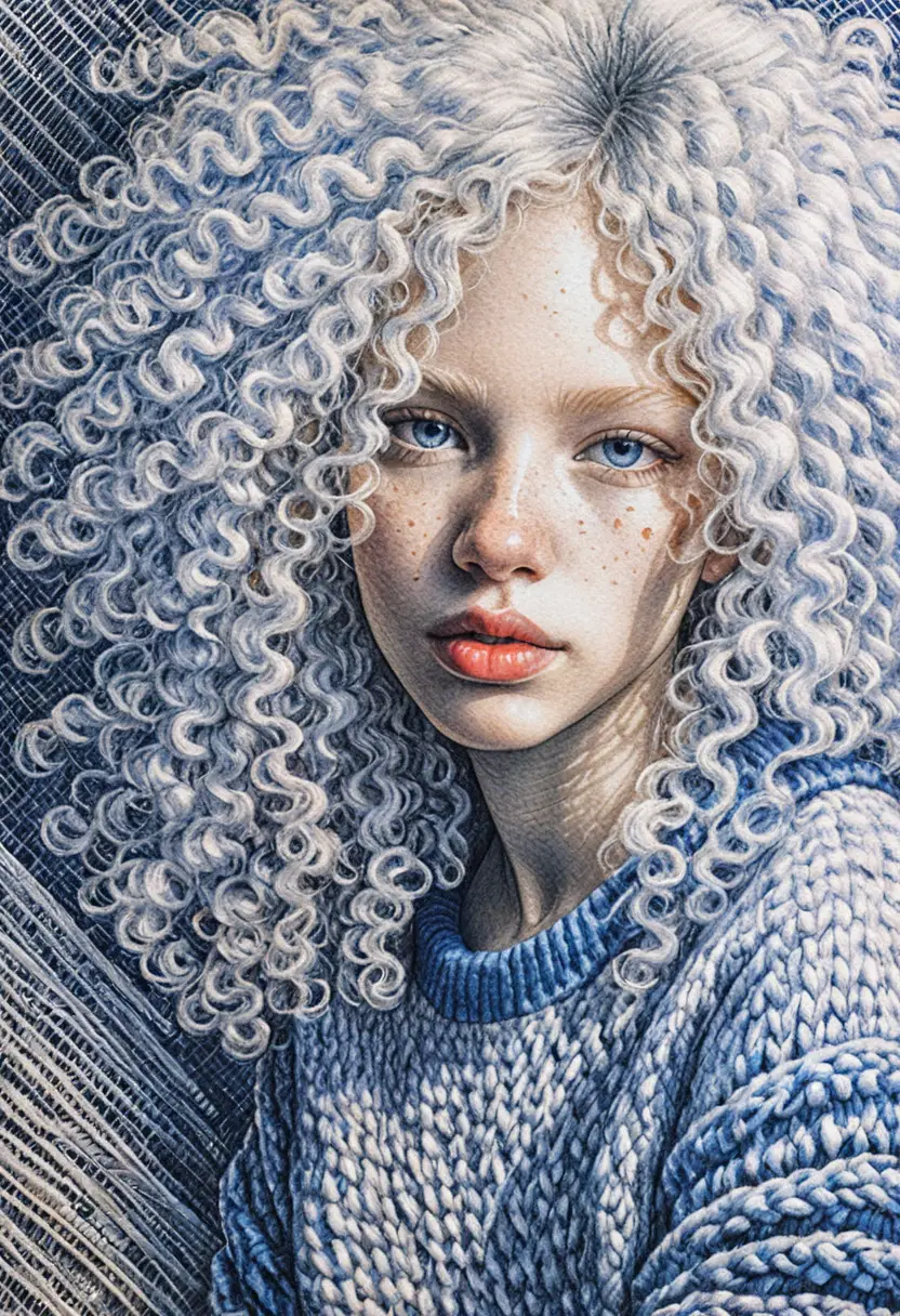 Blue ballpoint portrait of an albino girl with freckles