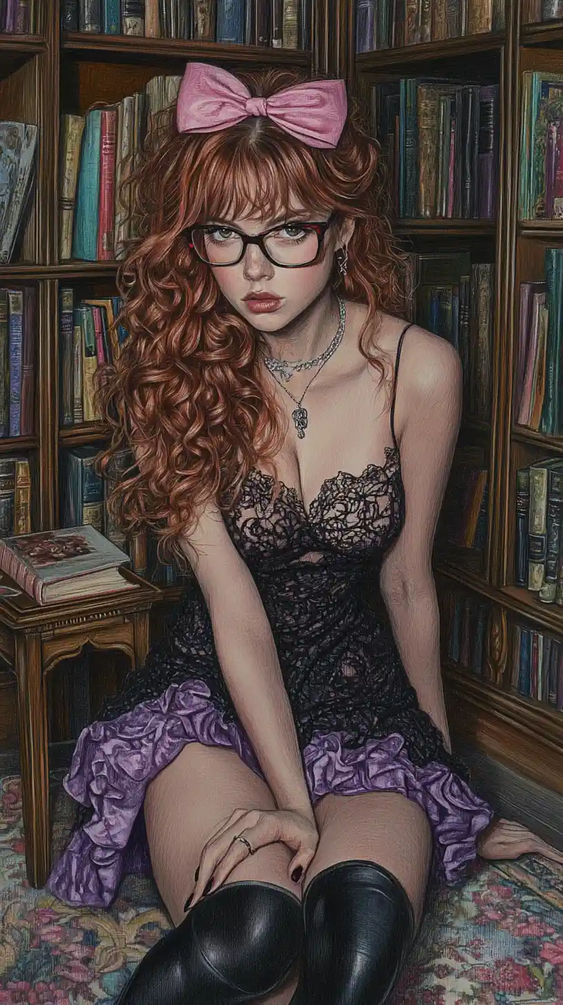 Curly haired girl reading in a magical cozy library