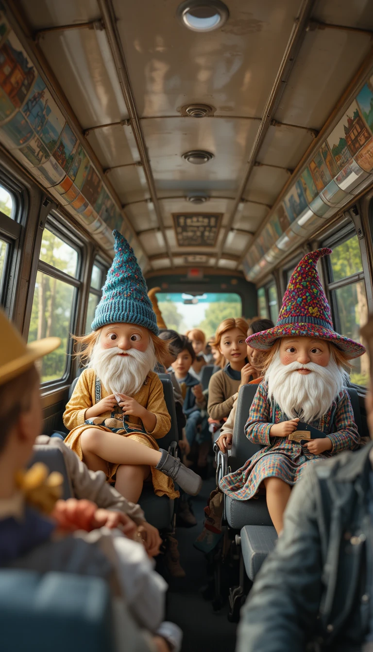 Playful clay characters riding a summer bus on the highway