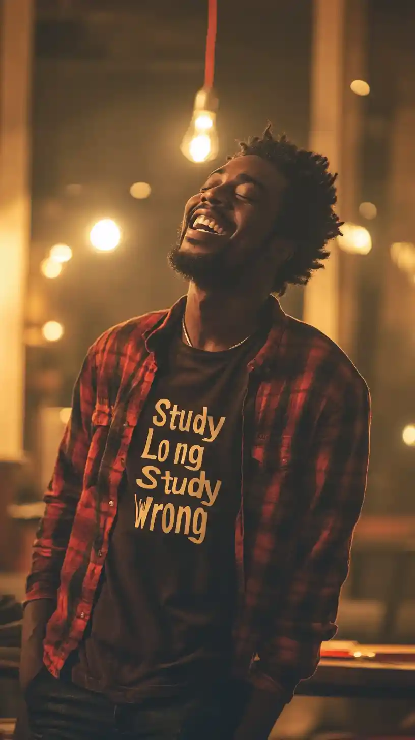 Laughing Afrofuturistic man in graphic text shirt portrait