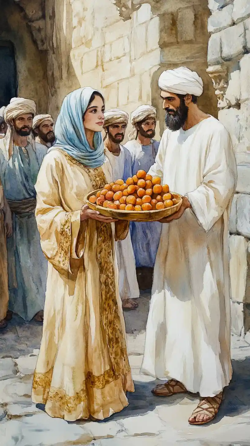 Watercolor scene of merchants in an ancient Middle Eastern market