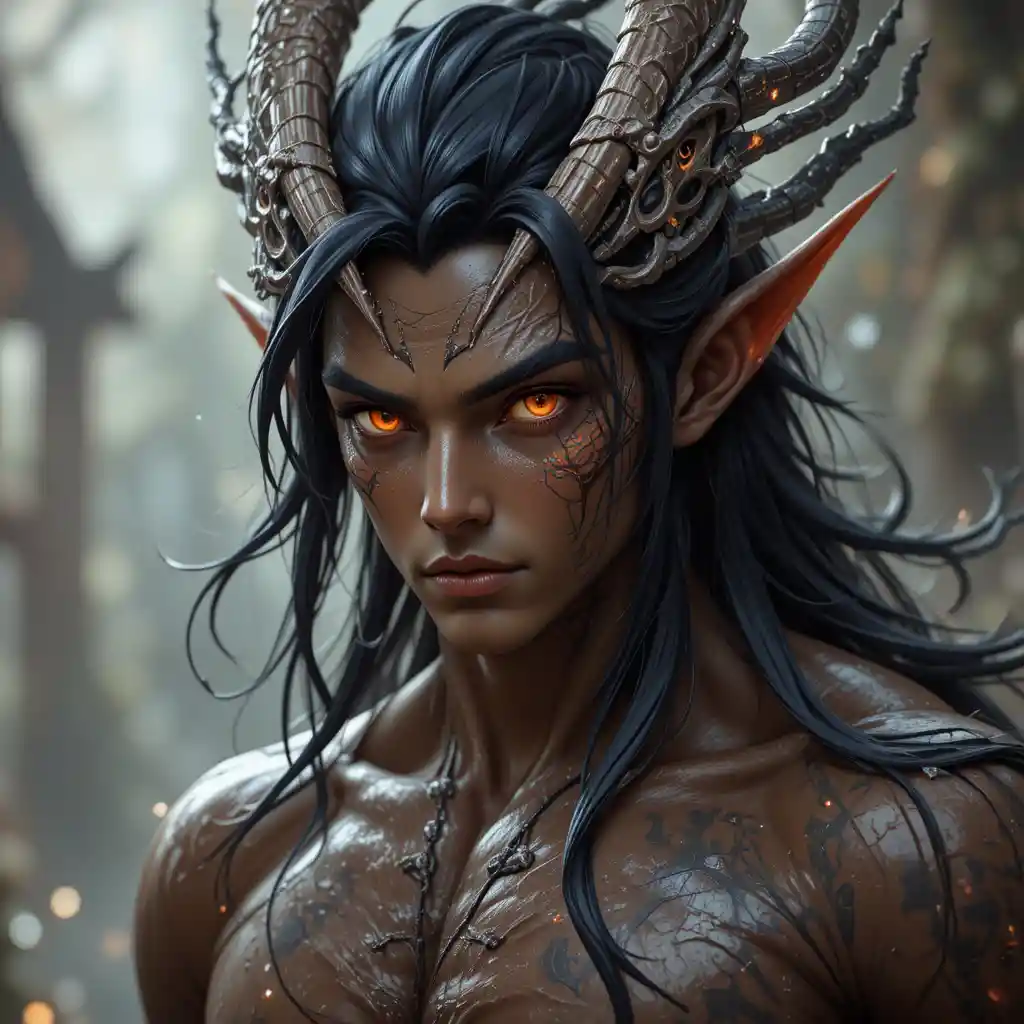 Dragon man with dark hair and glowing amber red eyes