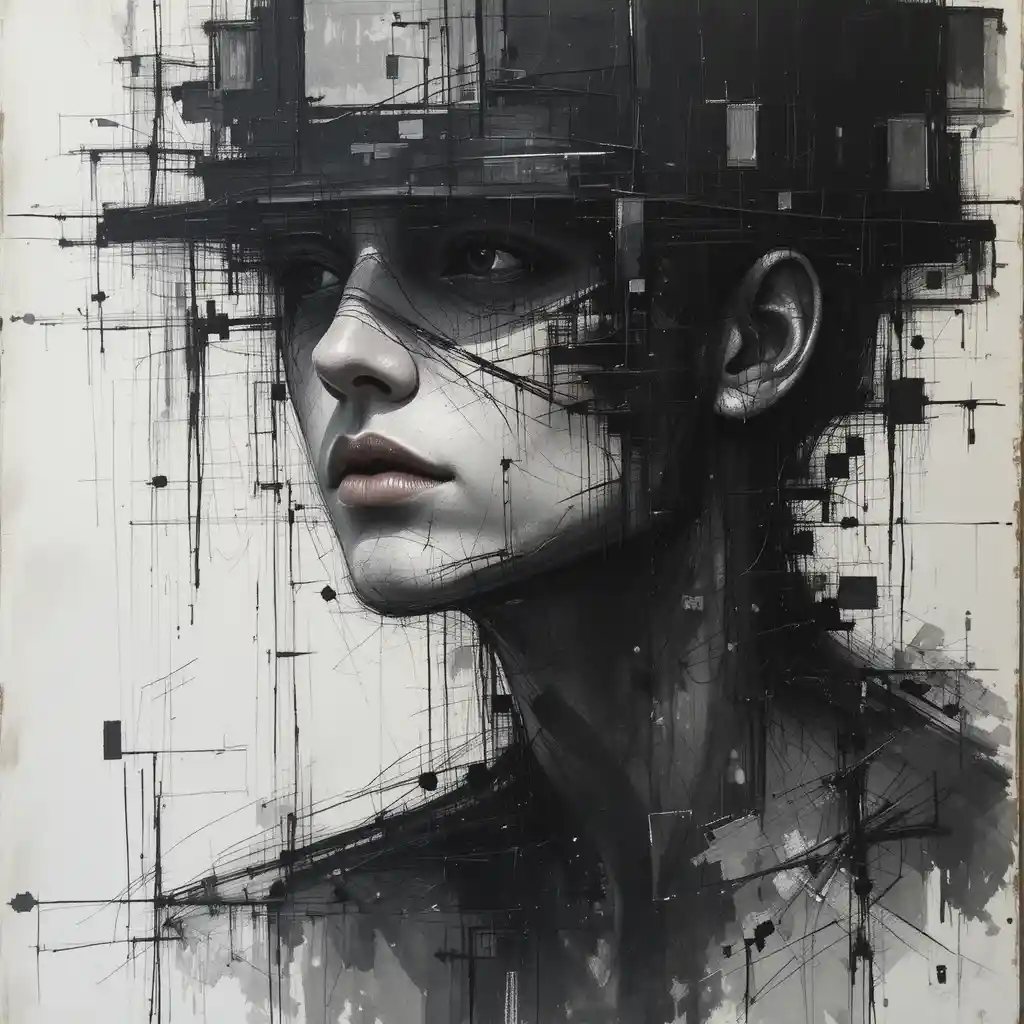Chaotic charcoal portrait of a young man emerging from scribbles
