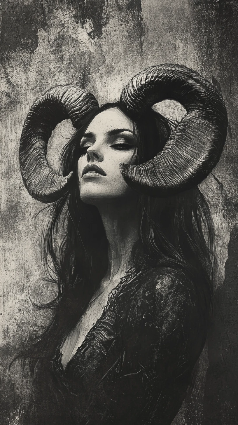 Horned woman portrait in dark graphite fantasy style