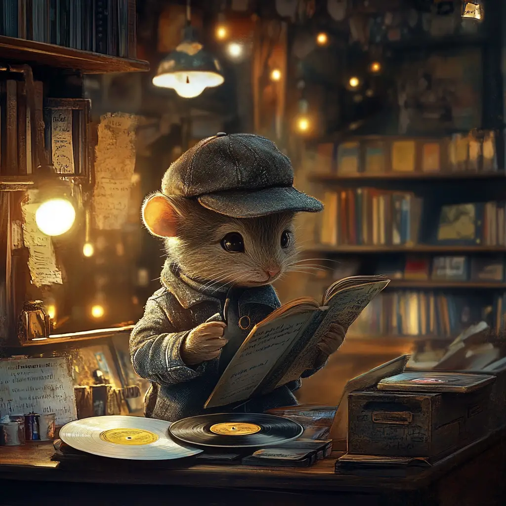 Tiny mouse studying a vinyl record in cozy shop