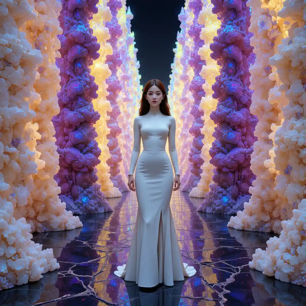 Korean student in porcelain couture amid iridescent crystal towers
