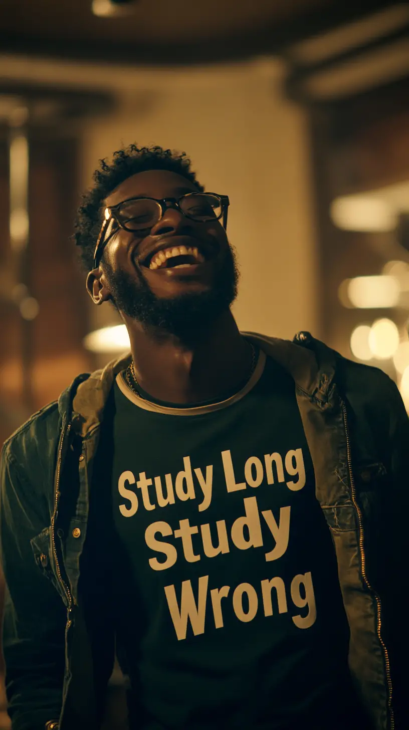 Laughing man in futuristic style shirt with bold slogan