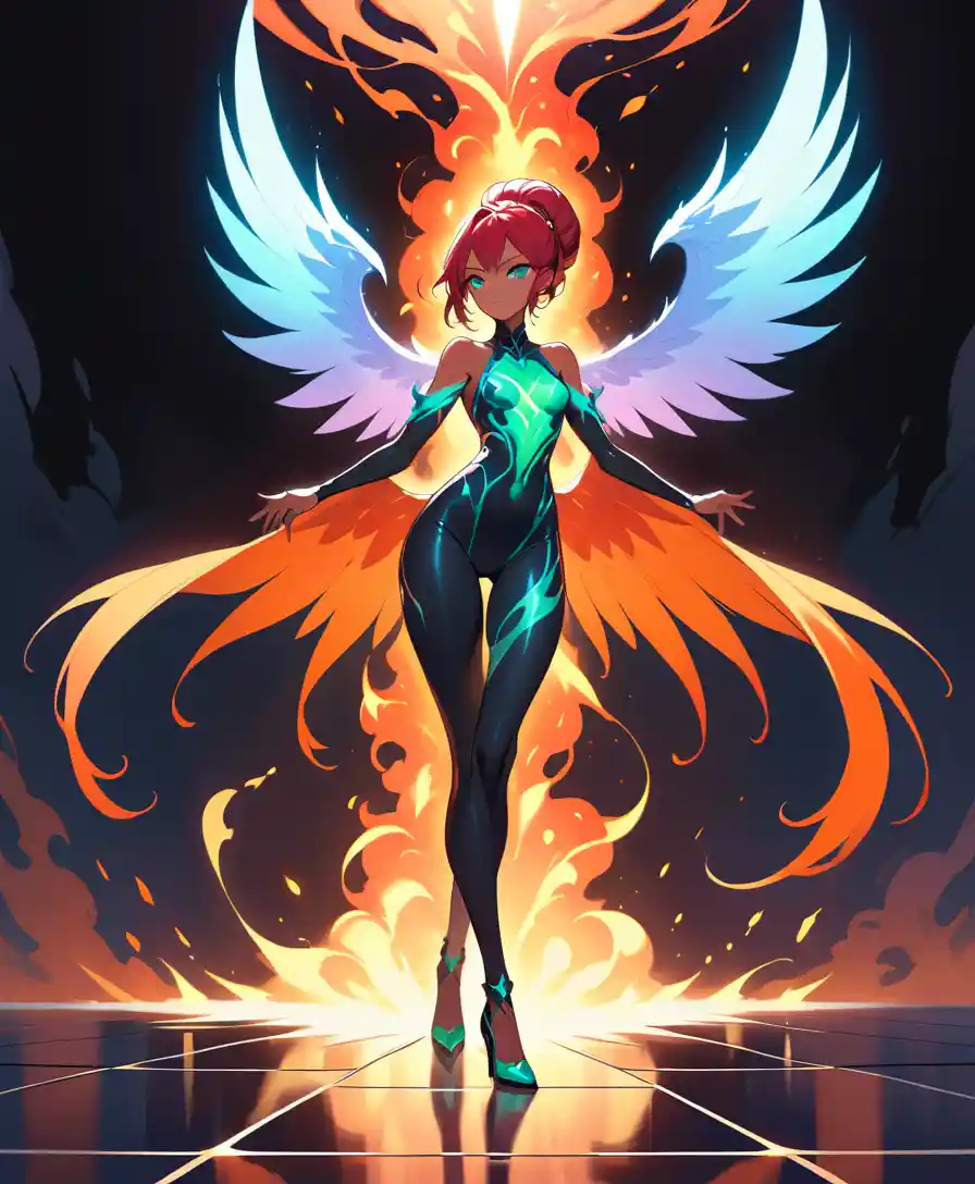 African freshman strides across obsidian glass with fiery wings