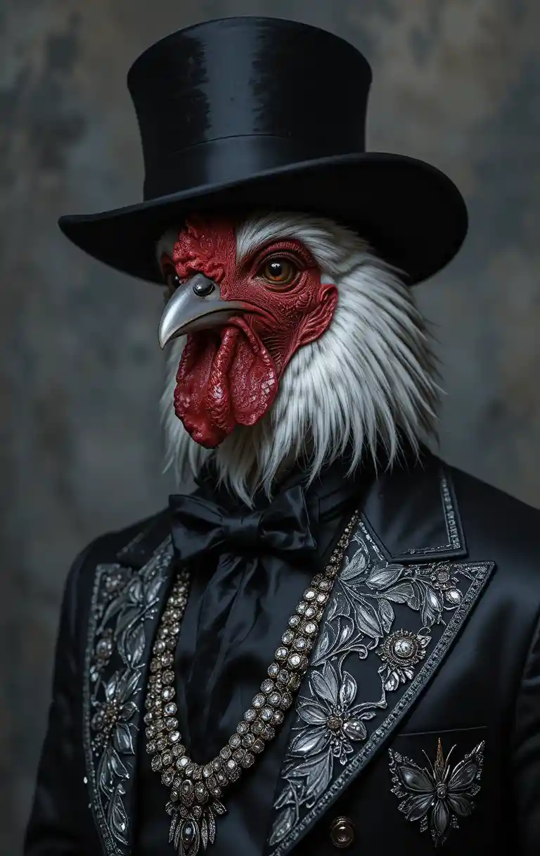 Stylish professor chicken in luxurious black satin outfit