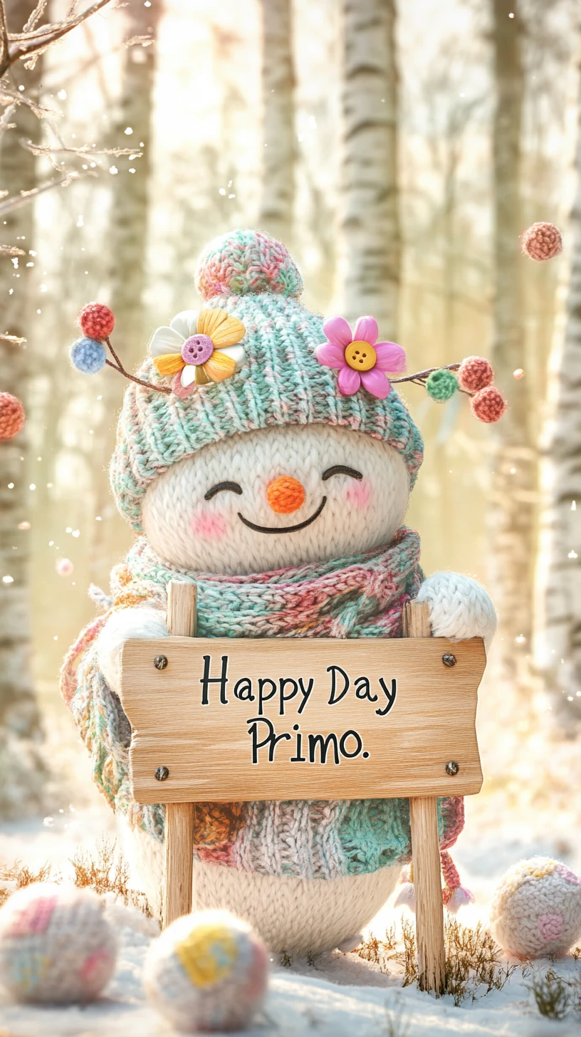 Cute yarn ball character in a sunny birch forest