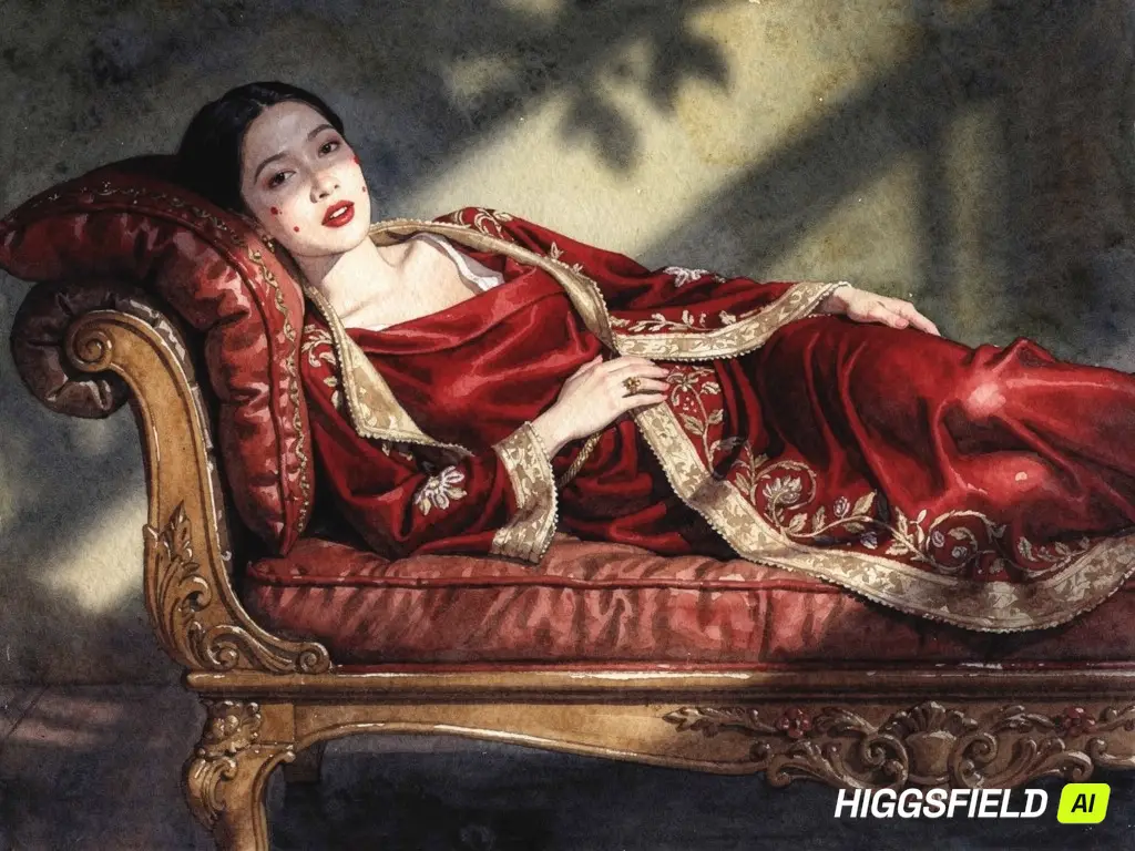 Glamorous woman in red silk on ornate wooden divan