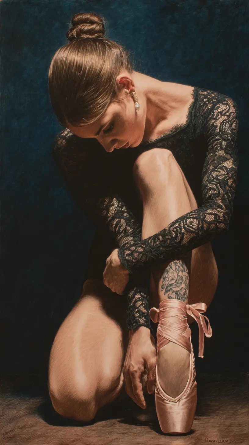 Ballerina in lace leotard crouching on wooden floor drawing