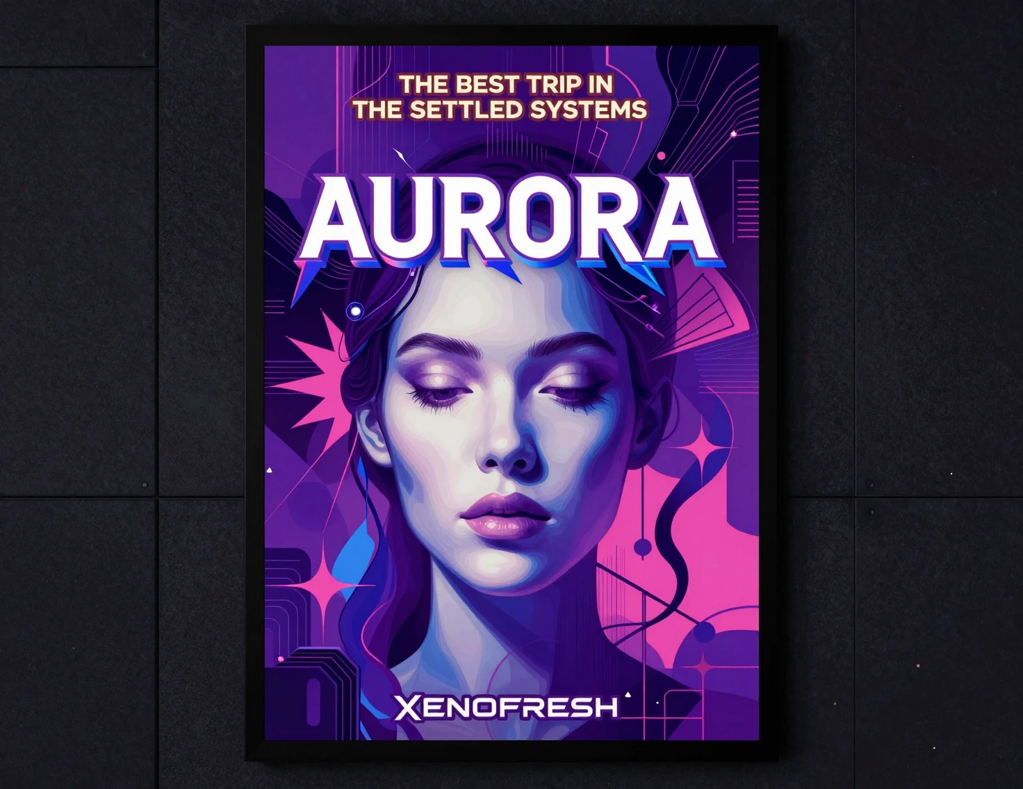 Futuristic Aurora travel poster with serene sci fi woman