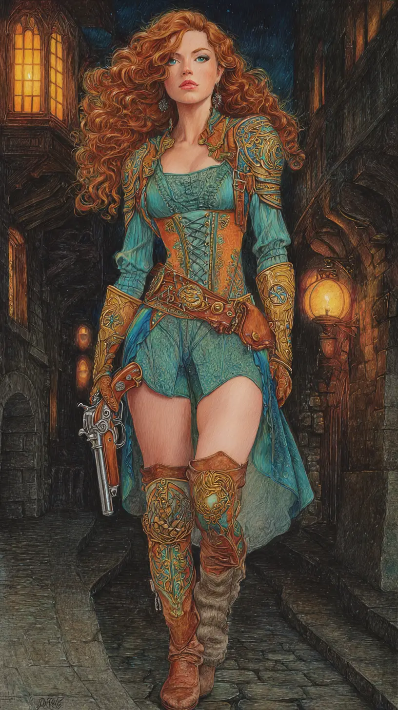Guerriera fantasy in una strada medievale illuminata da lanterne