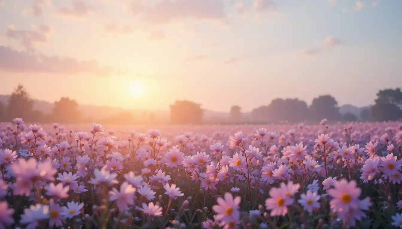 Glowing flower field under warm golden sunrise light