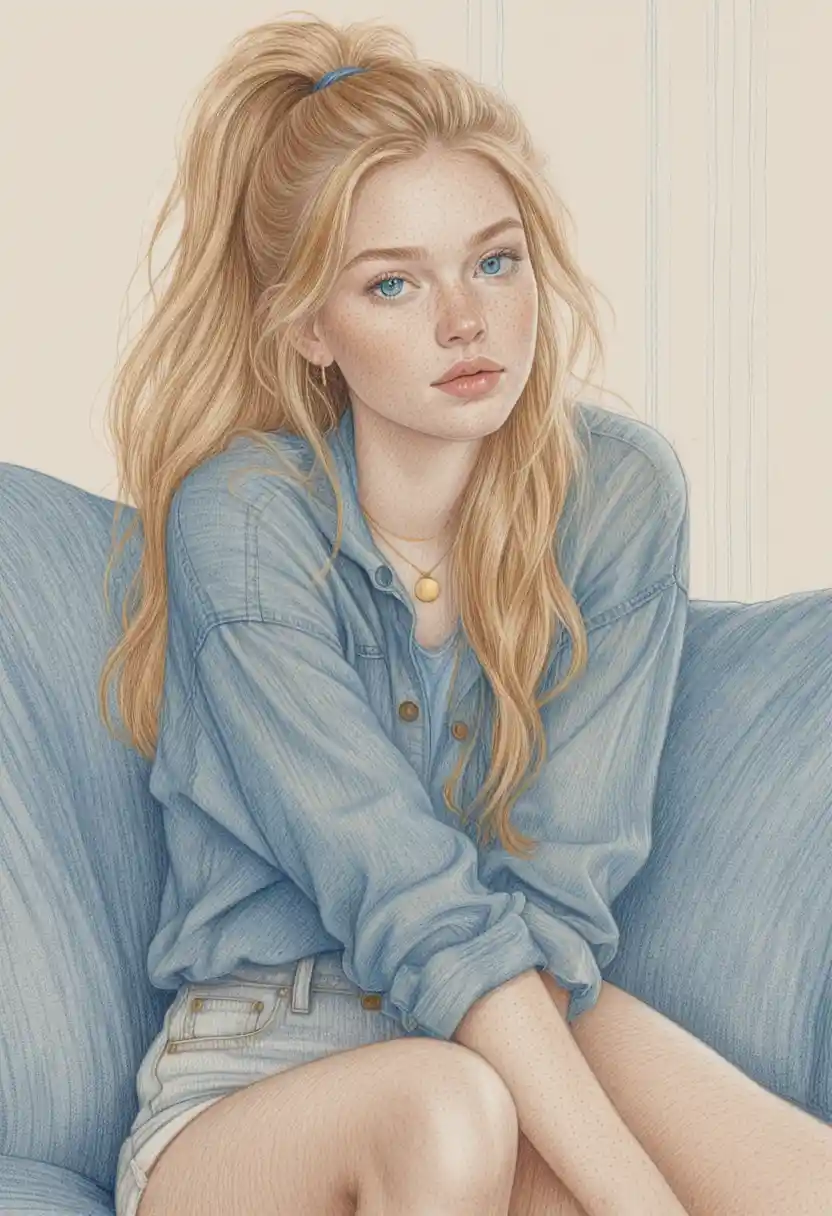 Retrato a lápices de colores de una chica pecosa y relajada