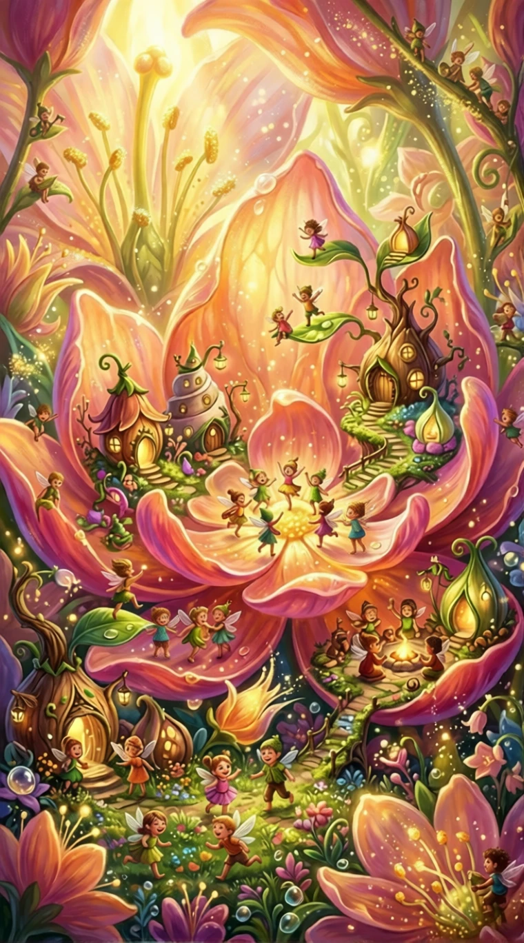 Tiny joyful villagers living inside a sunlit flower world