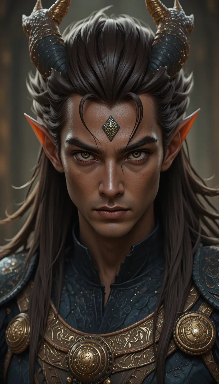 Dark haired dragon man in a Wakfu inspired fantasy world