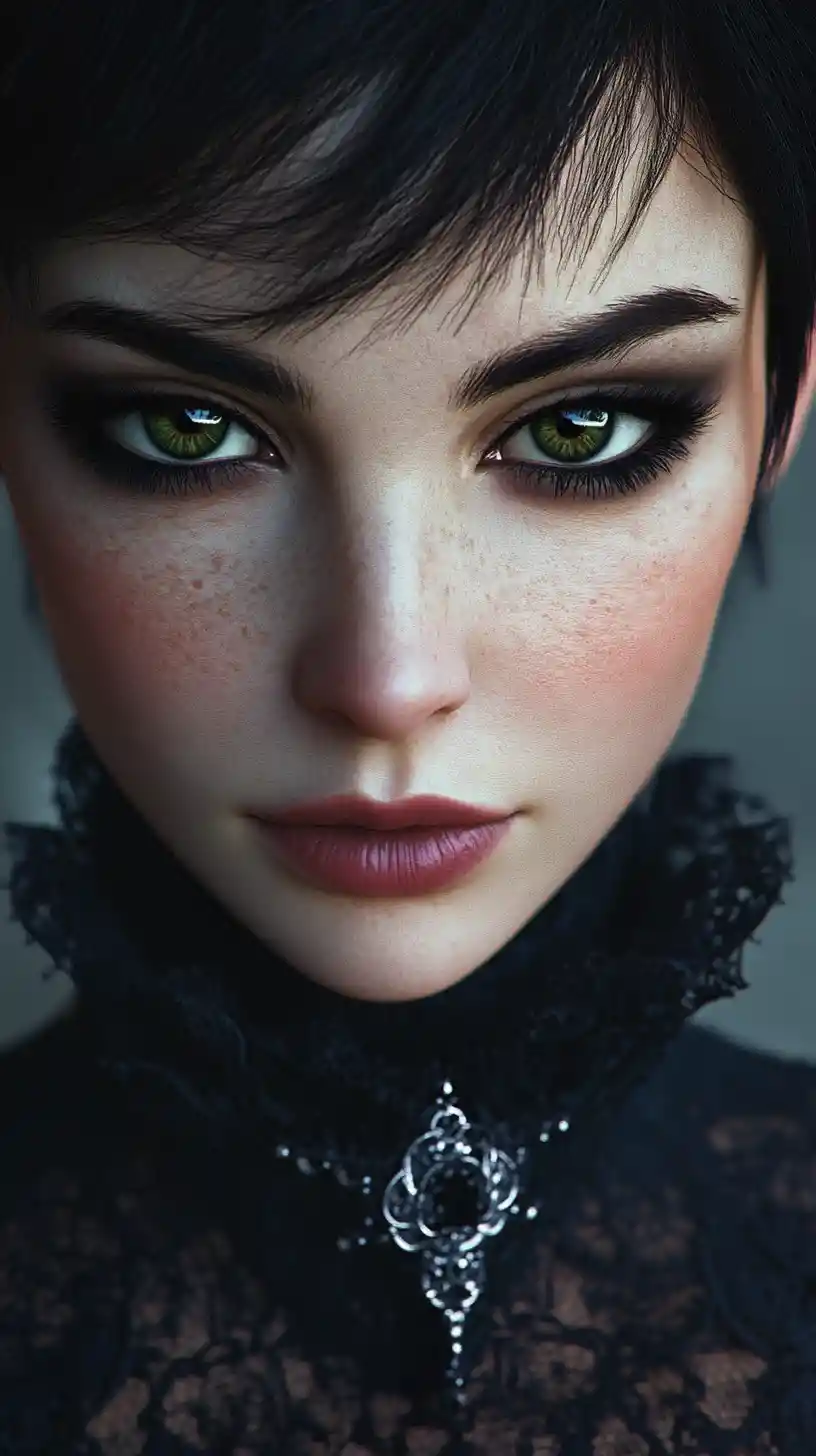 Intense close up portrait of a woman in gothic lace