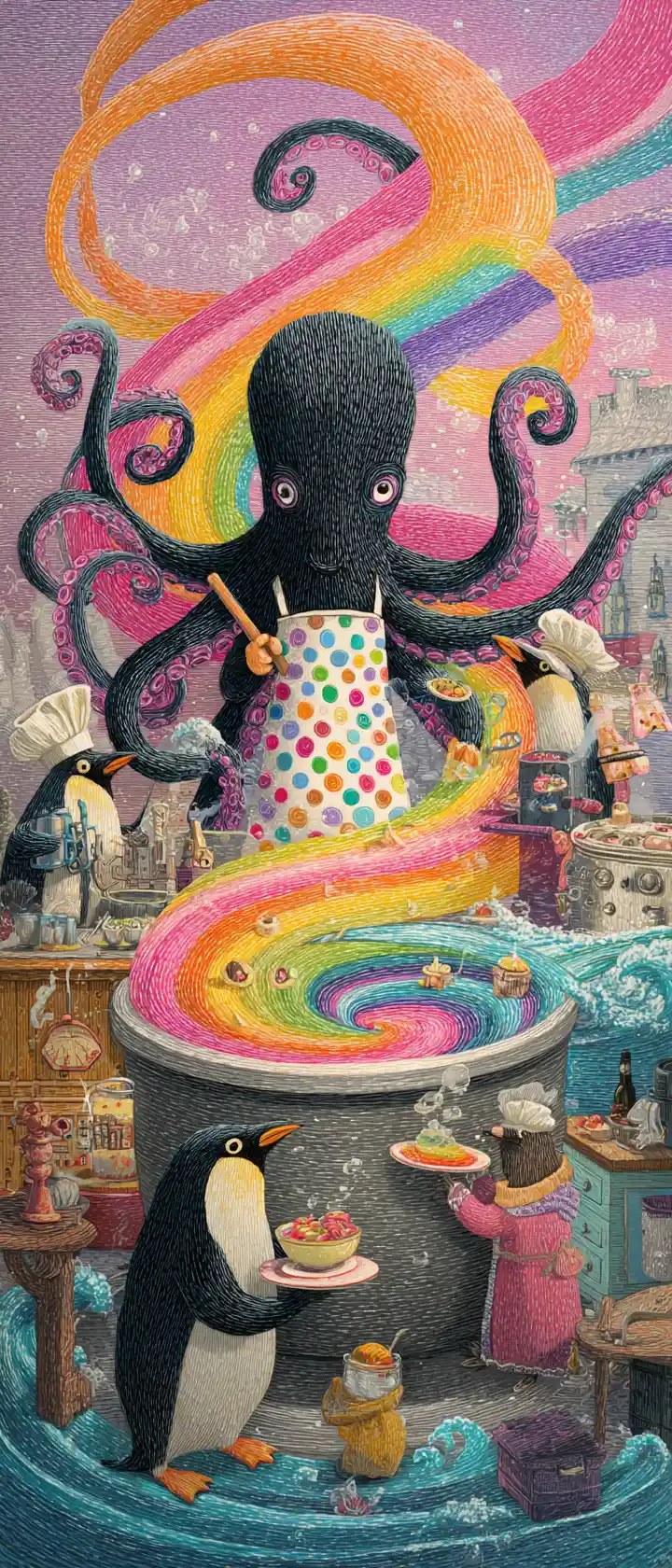 Whimsical Octopus Chef Stirring Rainbow Soup With Penguins
