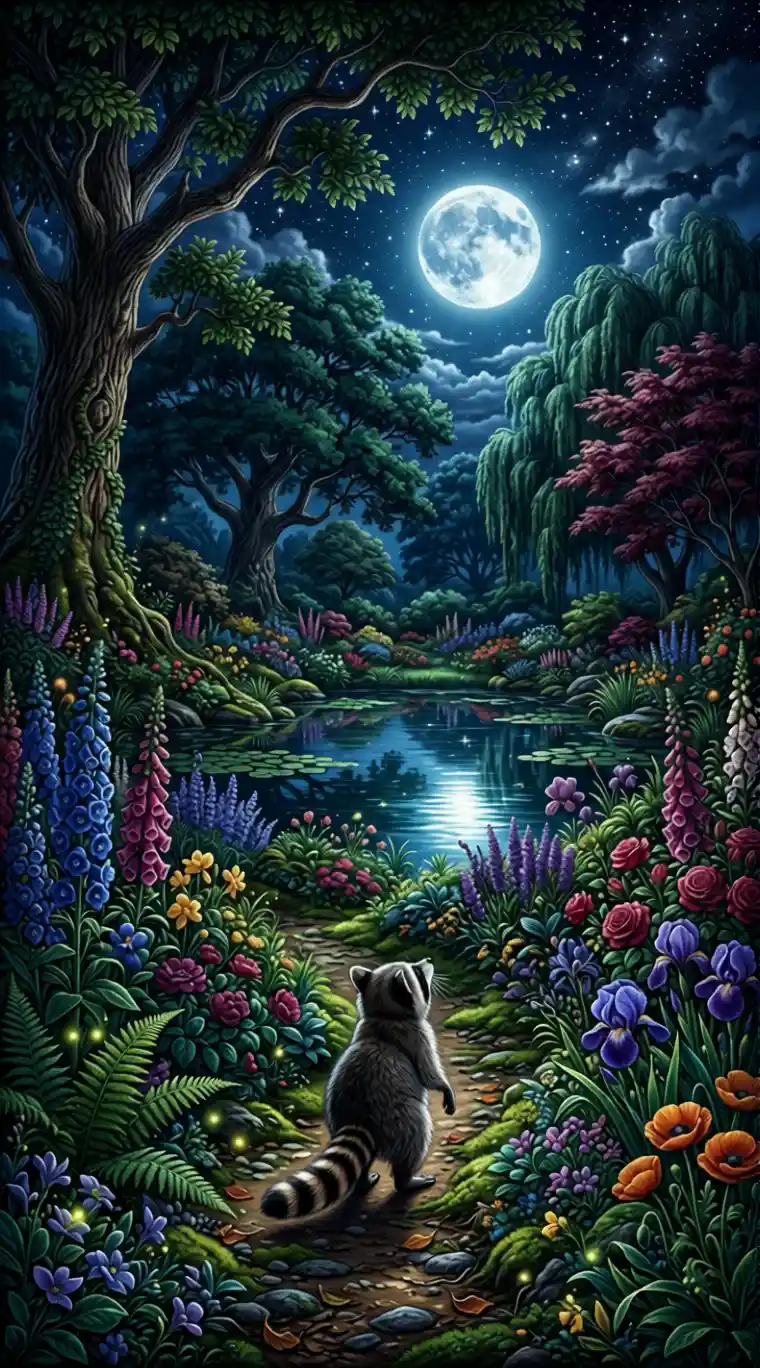 Raccoon In A Moonlit Garden Surrounded By Flowers