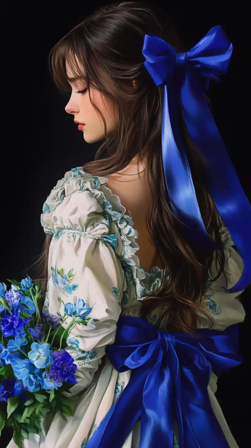 Melancholic anime girl with blue ribbons holding floral bouquet