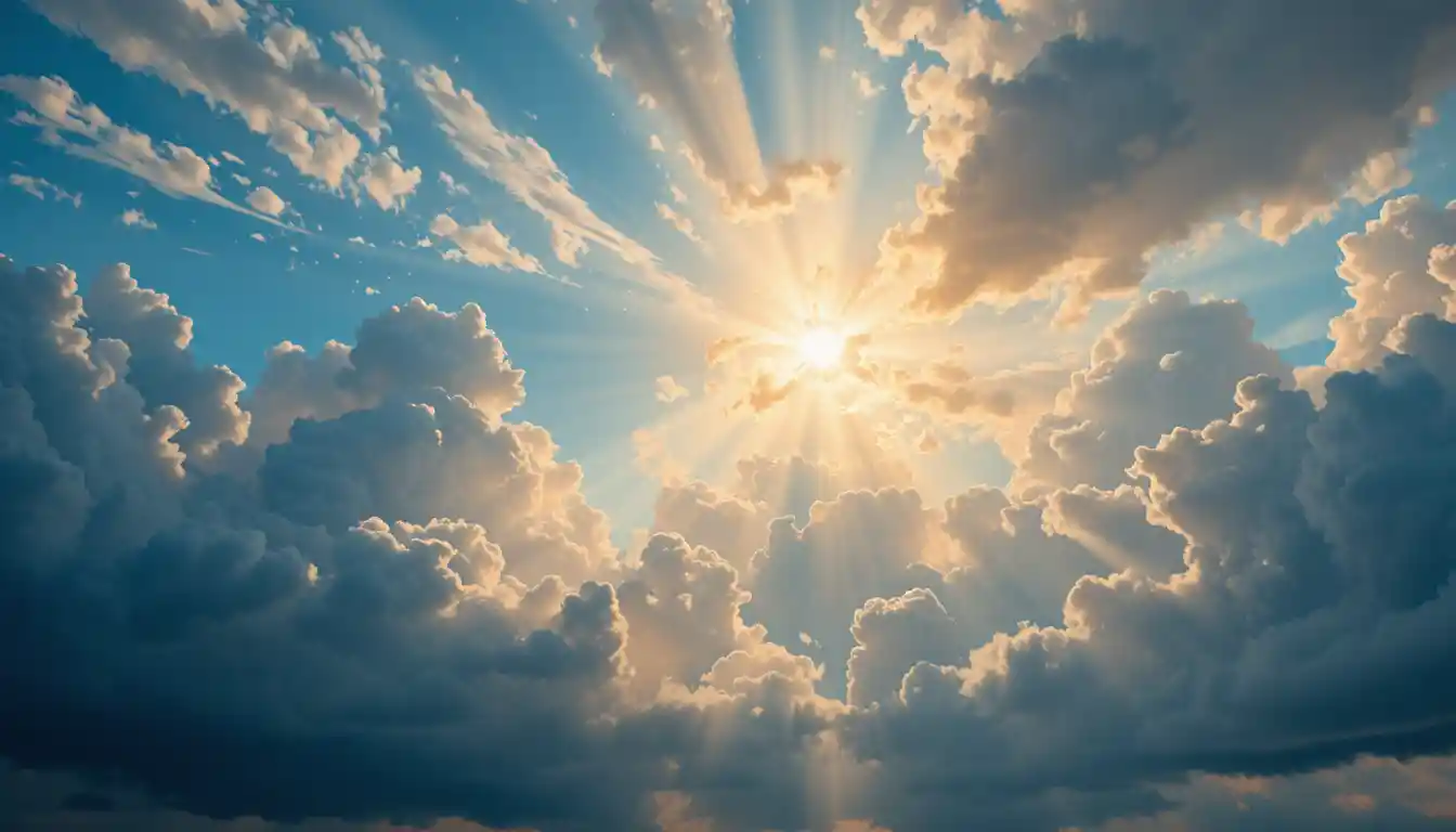 Dramatic clouds part to reveal radiant light in sky