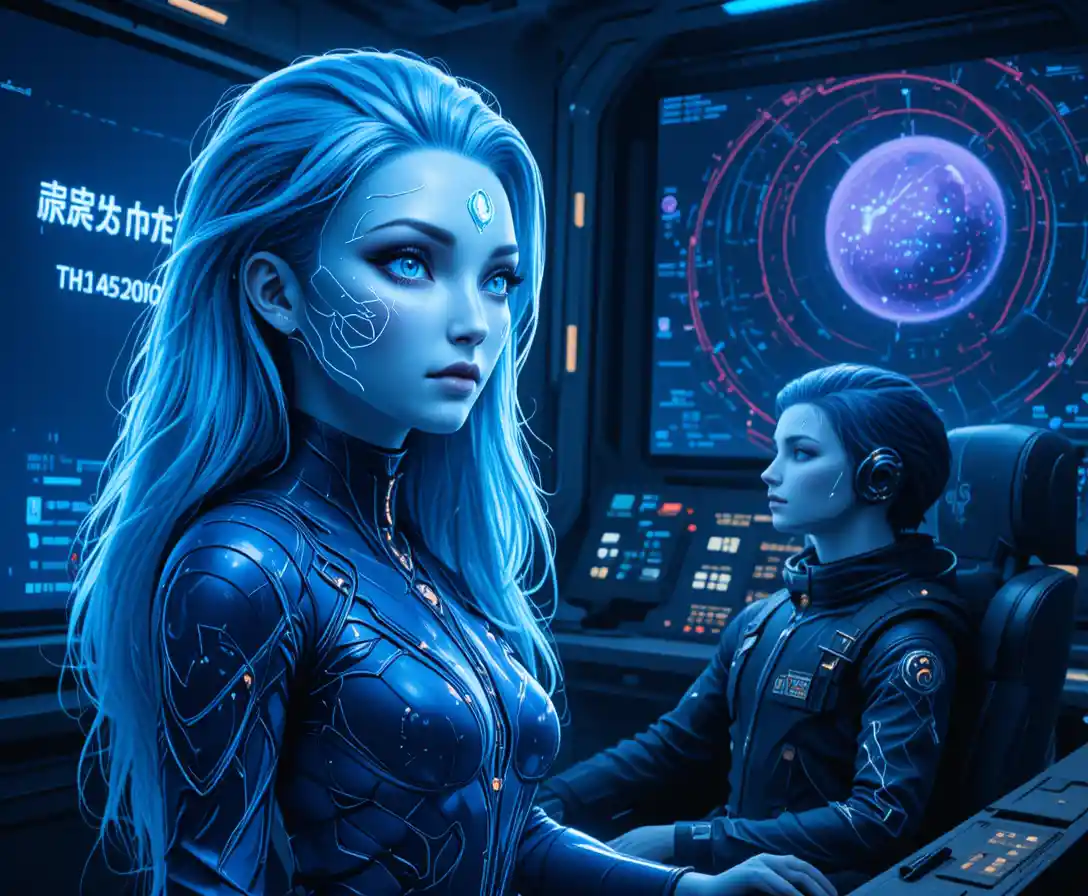 Blue haired alien woman in futuristic spaceship portrait