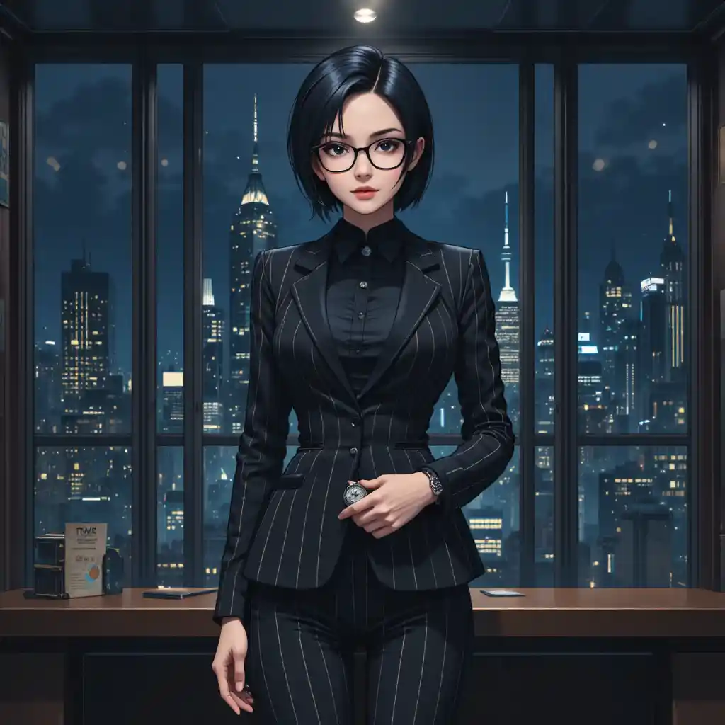 Anime mafia boss woman in sleek suit at night office