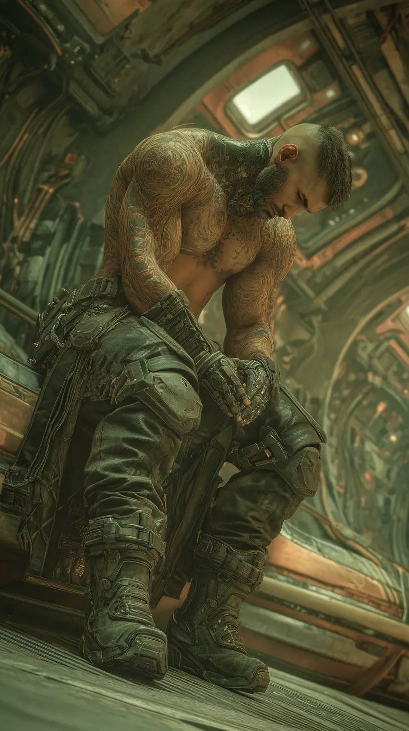Frightened futuristic warrior standing inside a decadent spacecraft