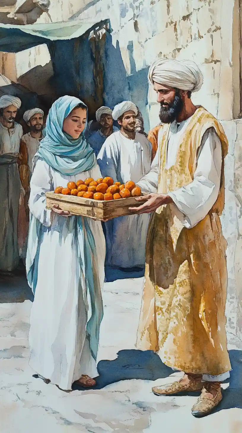 Watercolor scene of a merchant sharing fruit in a marketplace