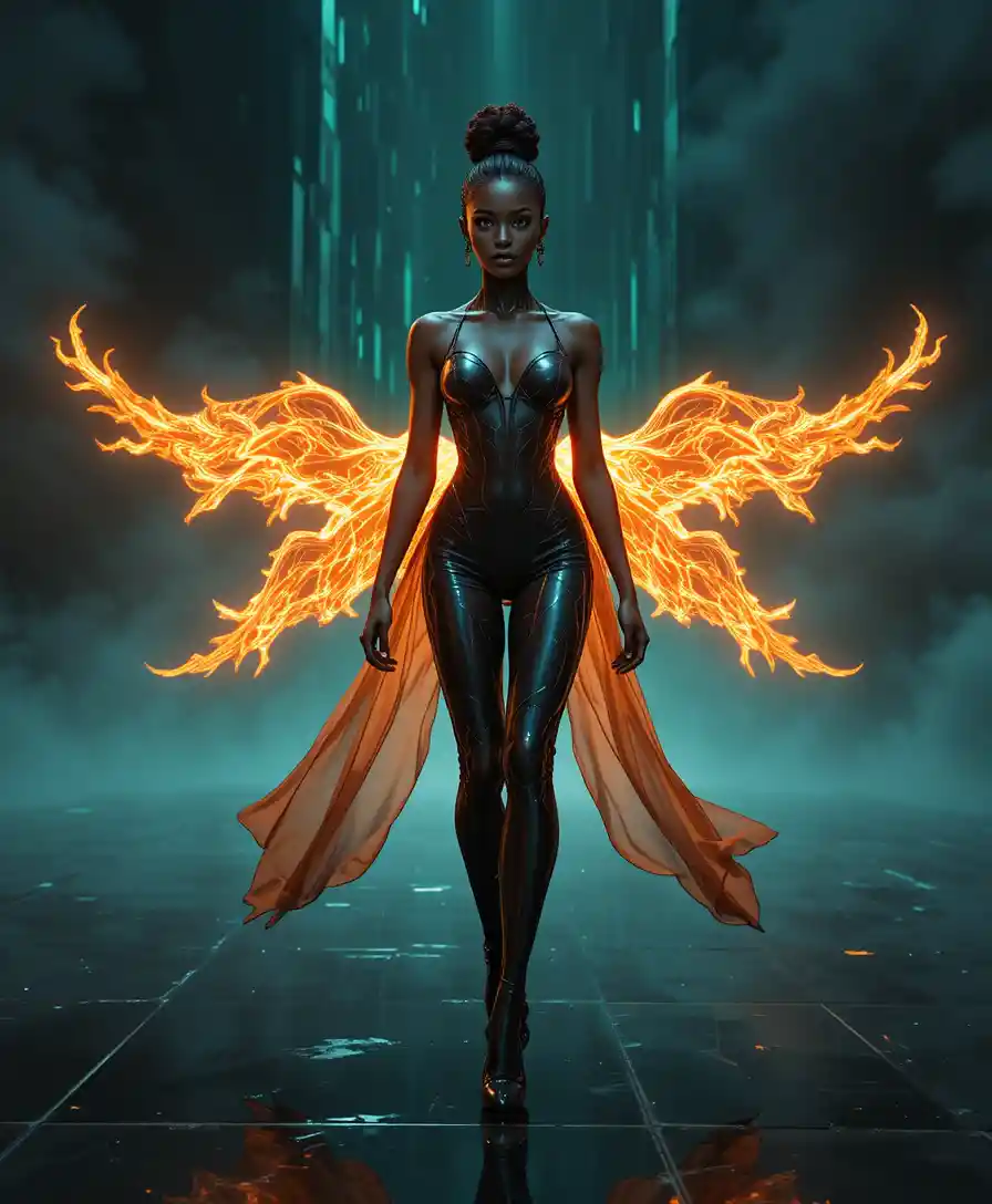 African freshman woman striding across dark glass void