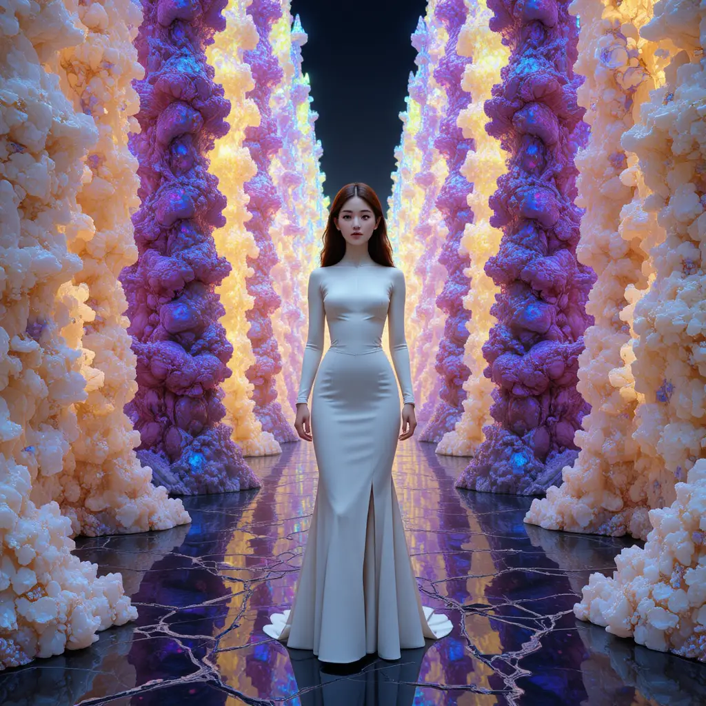 Korean student in porcelain couture amid iridescent crystal towers