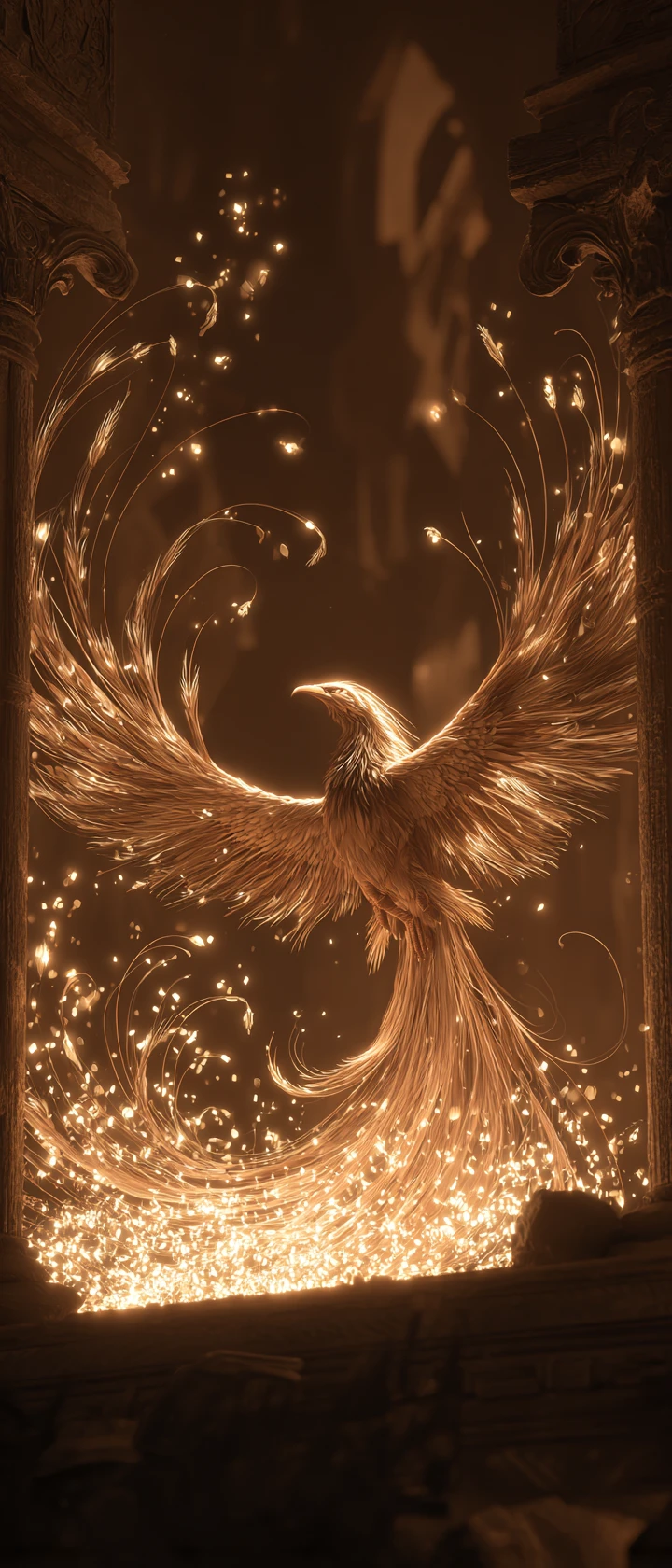 Mythical phoenix rising from embers in ancient ruined temple