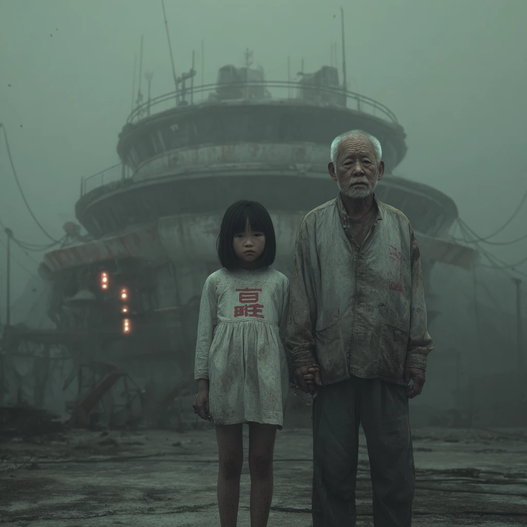 Asian girl with her granddad in futuristic Chinese city