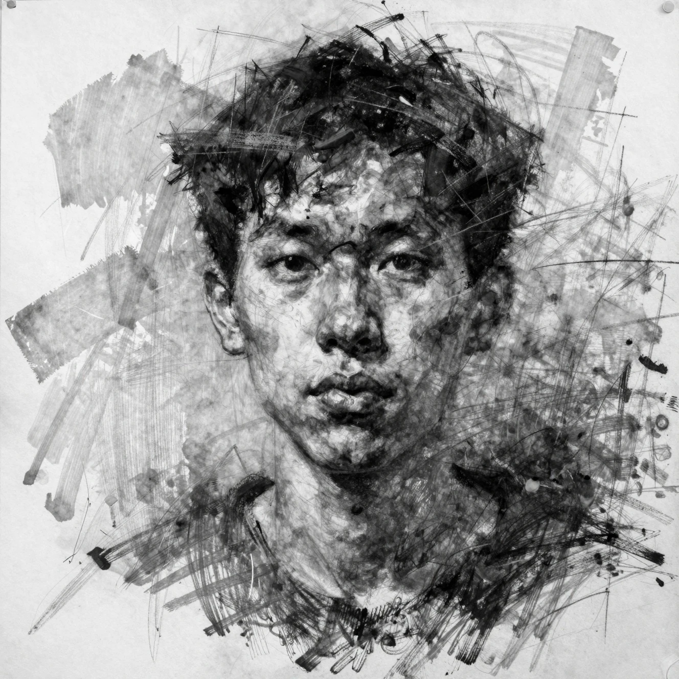 Fragmented charcoal portrait of a young man emerging from chaos
