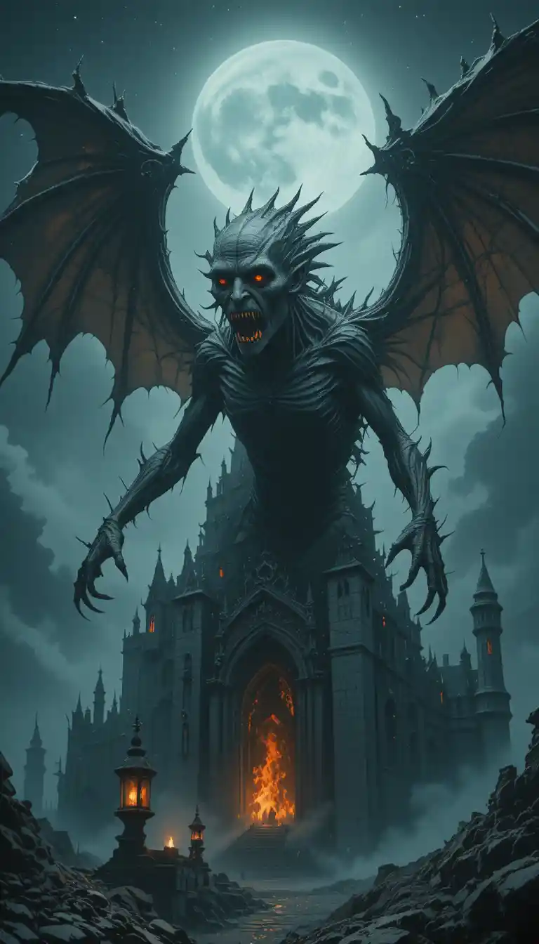 Ancient dragon rising from a haunted castle at night