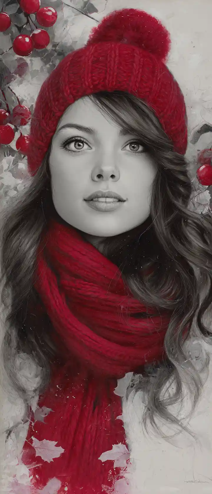 Young woman in red winter hat with playful gaze