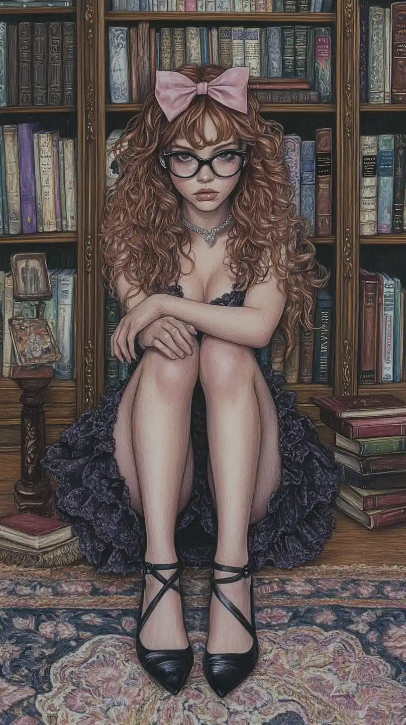 Curly haired anime girl in a purple dress in library